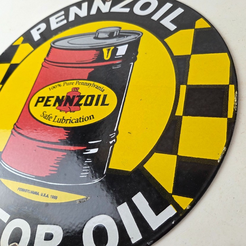 Vintage Pennzoil Porcelain Sign – Motor Oil Drum Can Lubrication Porcelain Sign
