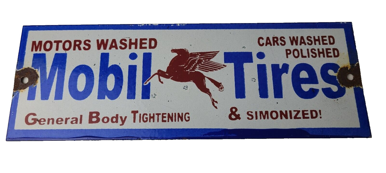 Vintage Mobil Porcelain Sign – Car Wash Porcelain Pegasus Pump Tires Sign
