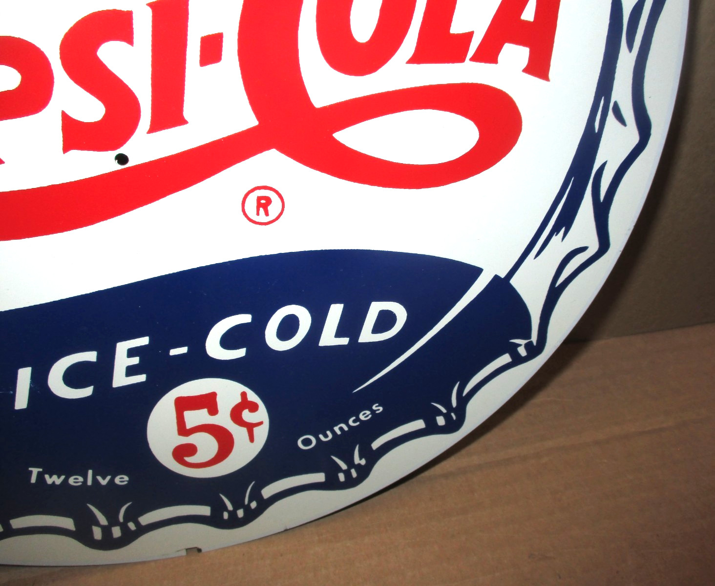 PEPSI-COLA – Twelve Ounces – 5c — Round Tin 12″ PEPSI SIGN – Red & White & Blue
