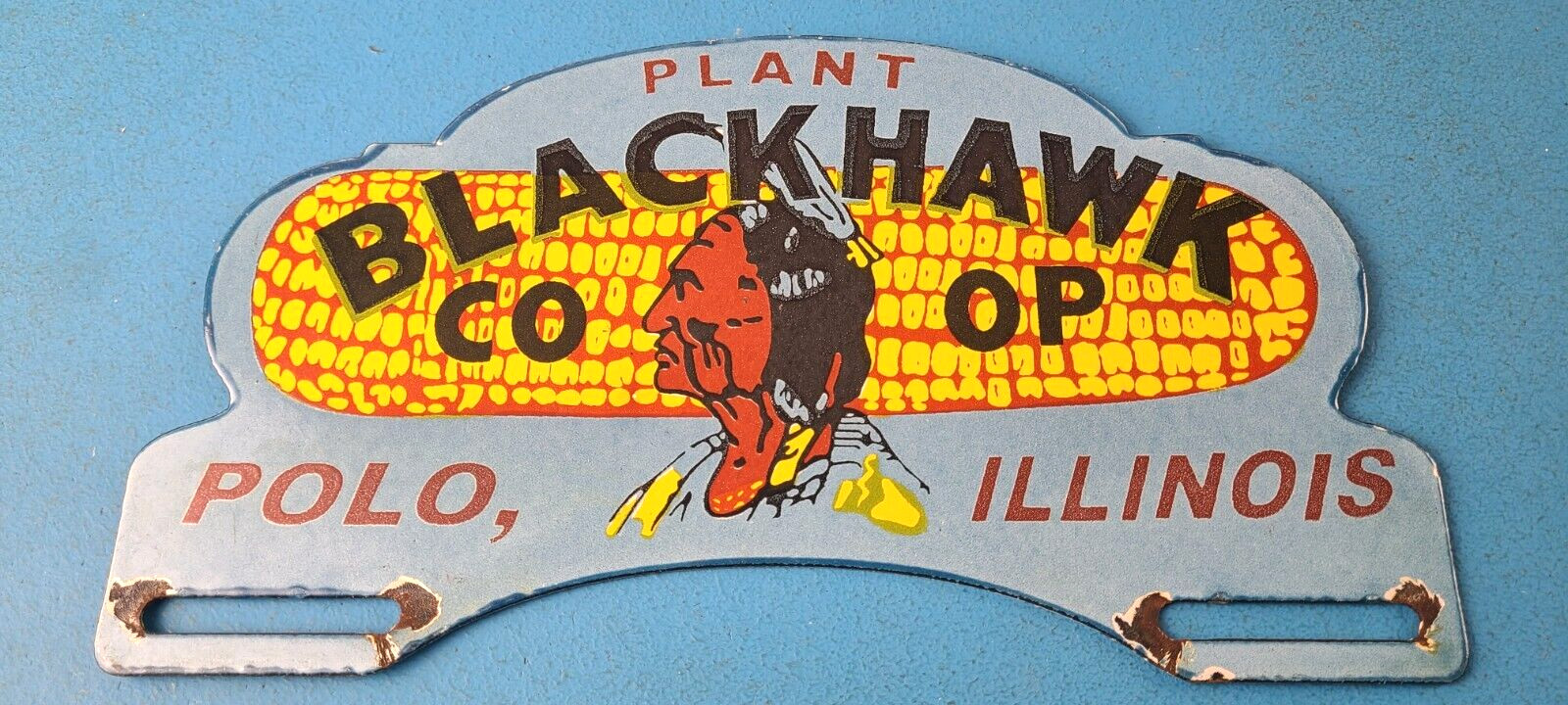 Vintage Blackhawk Sign Topper – Co Op IL Indian Porcelain License Plate Topper