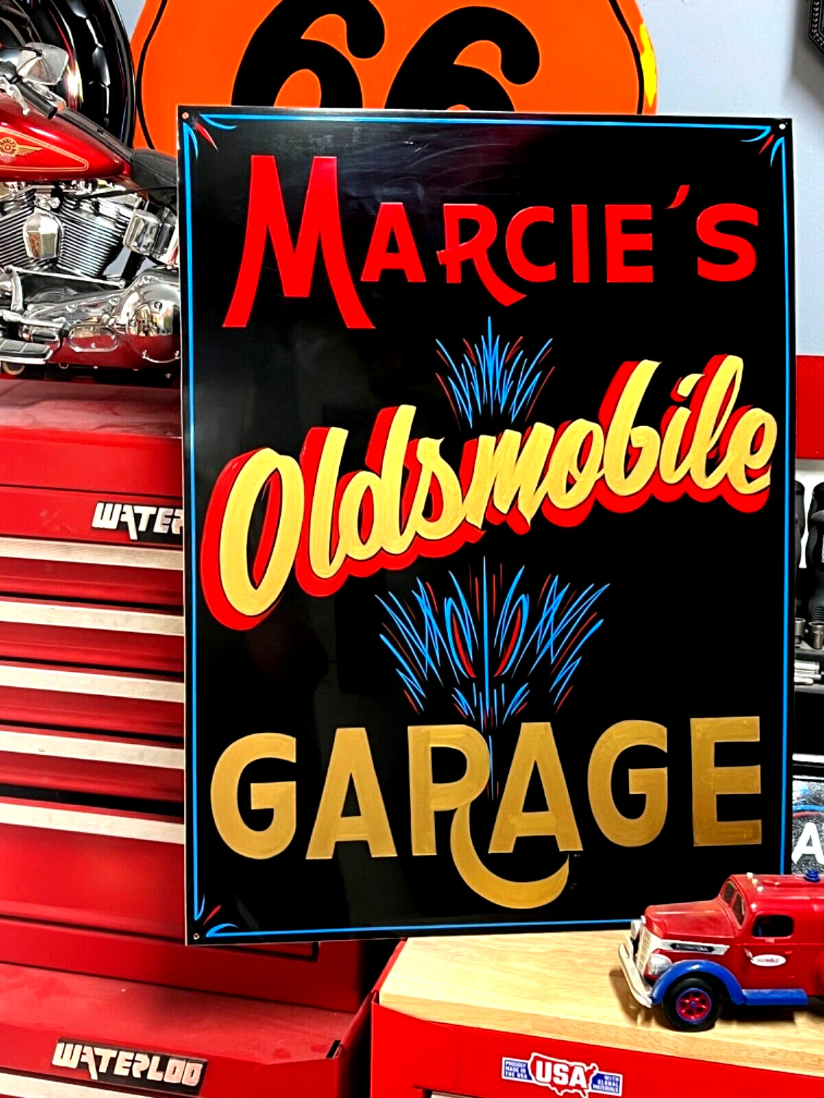 Order your NAME Oldsmobile Garage Hand Painted HOT RAT ROD SHOP SIGN Pinstriped