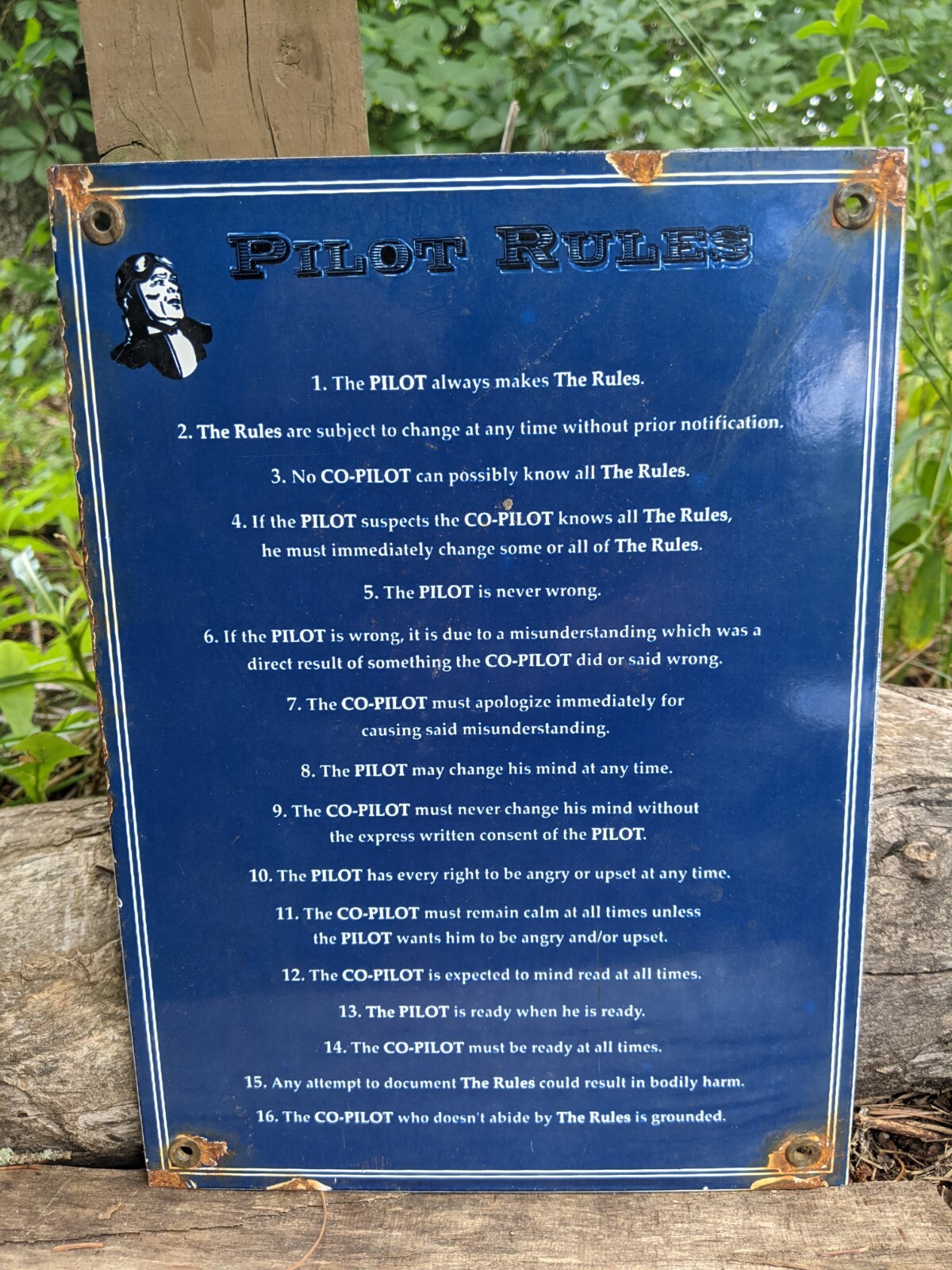 VINTAGE PILOT RULES PORCELAIN AIRPORT AIRPLANE SIGN 11″ X 8″