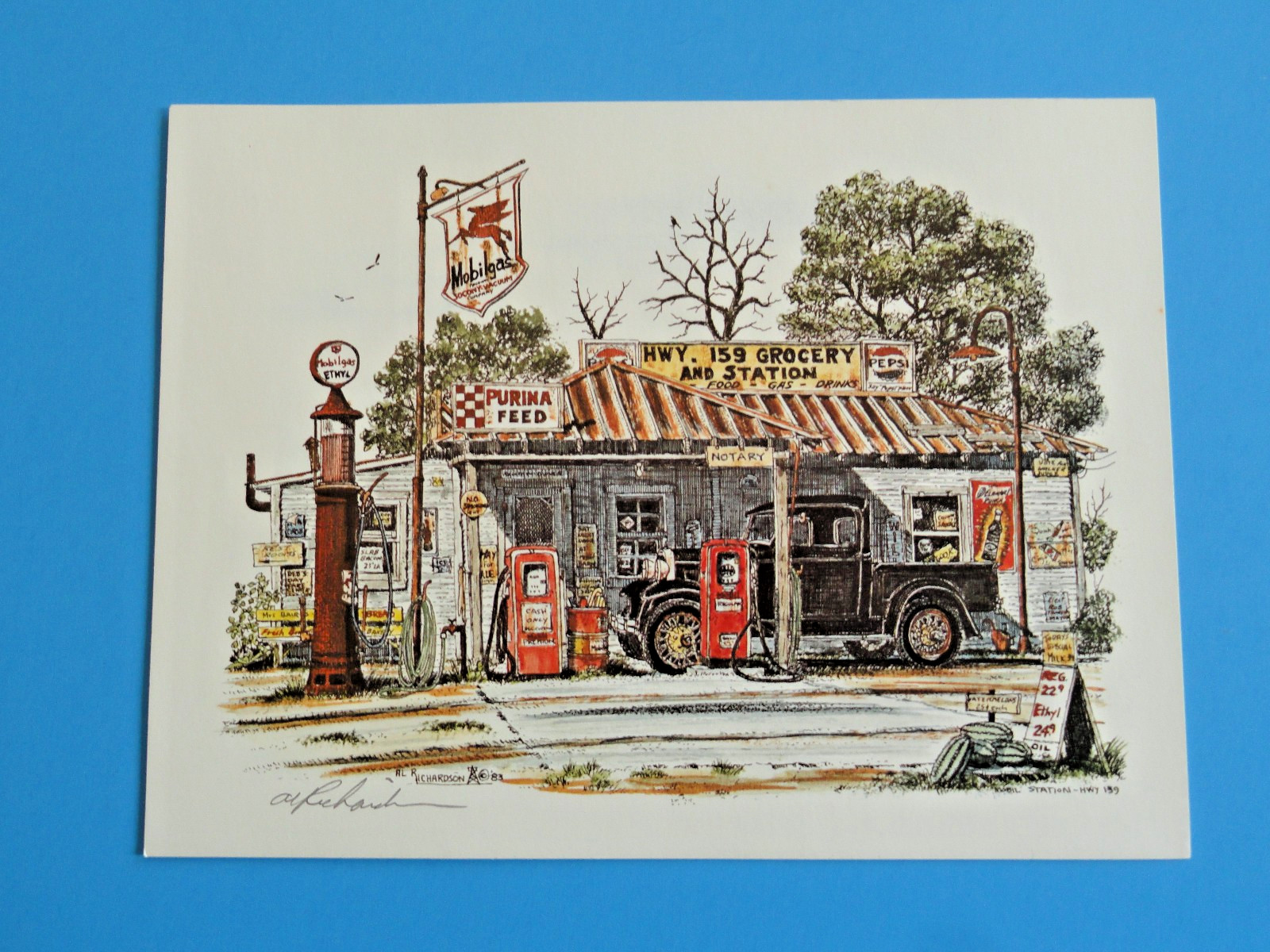 AL RICHARDSON VINTAGE MOBIL STATION HWY 159 MOBILGAS SIGNED PRINT 1983