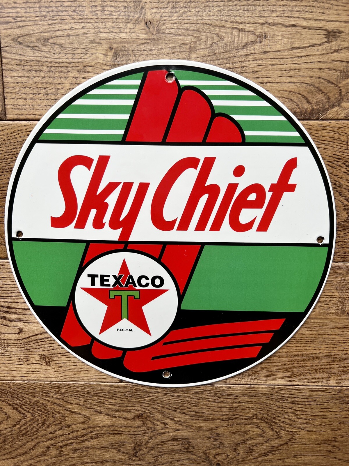 “TEXACO SKY CHIEF GASOLINE” PORCELAIN SIGN, (12″ INCH) Gas And Oil Sign
