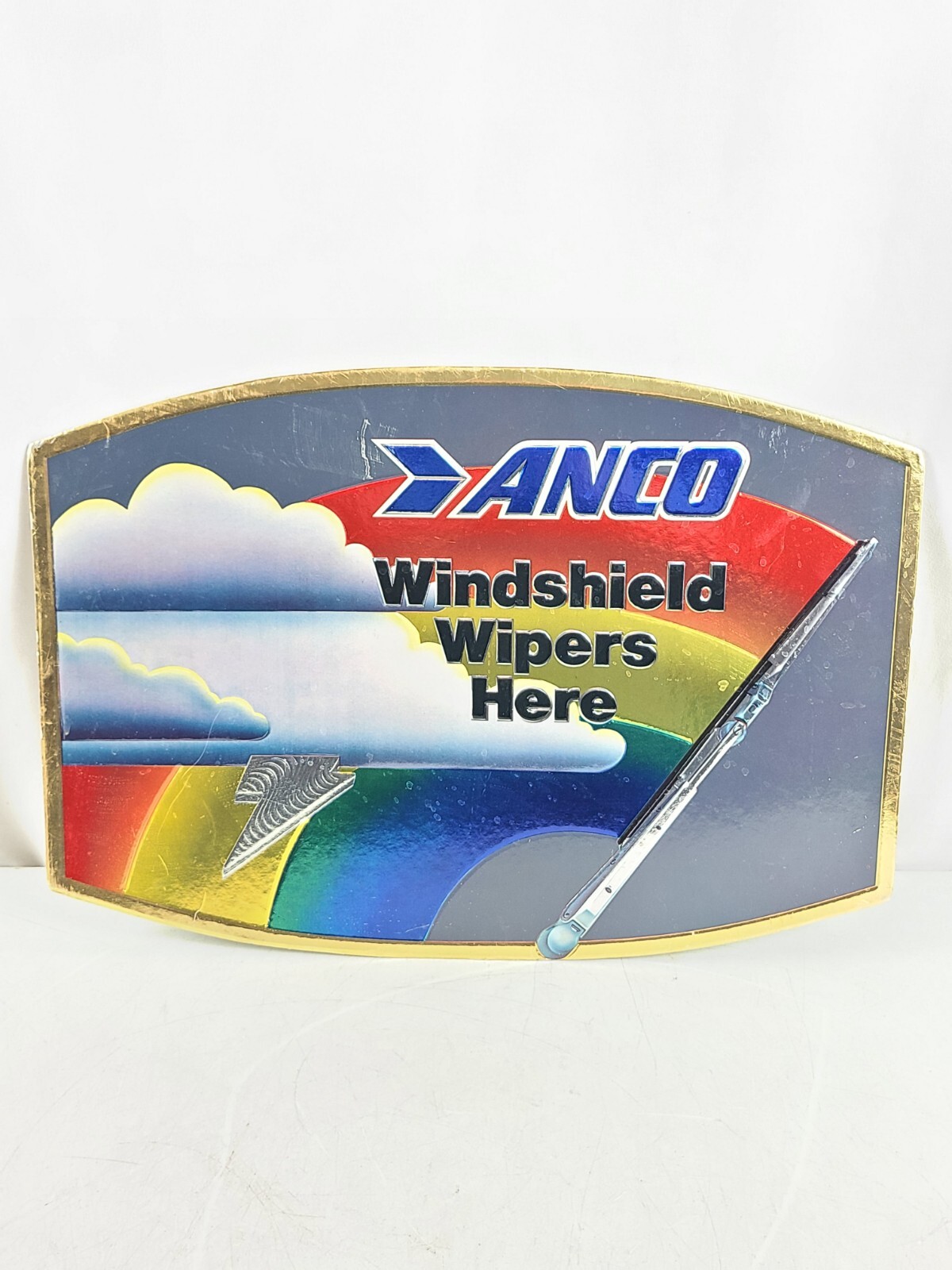 ANCO ” WINDSHIELD WIPERS HERE ” WIPER BLADE SIGN RAINBOW CLOUD NOS SHOWS WEAR