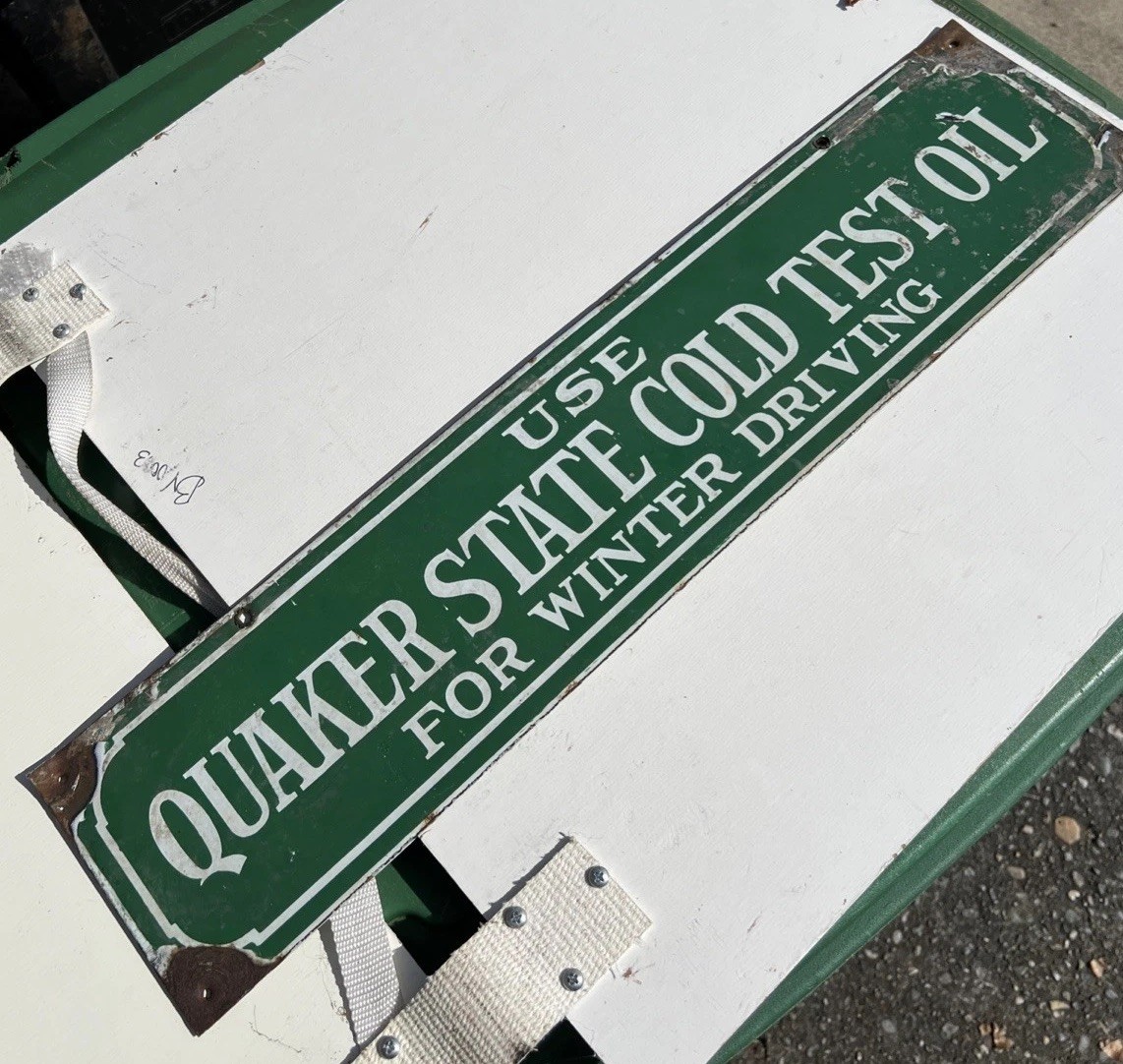 1940s Porcelain Quaker State Cold Test Oil Sign