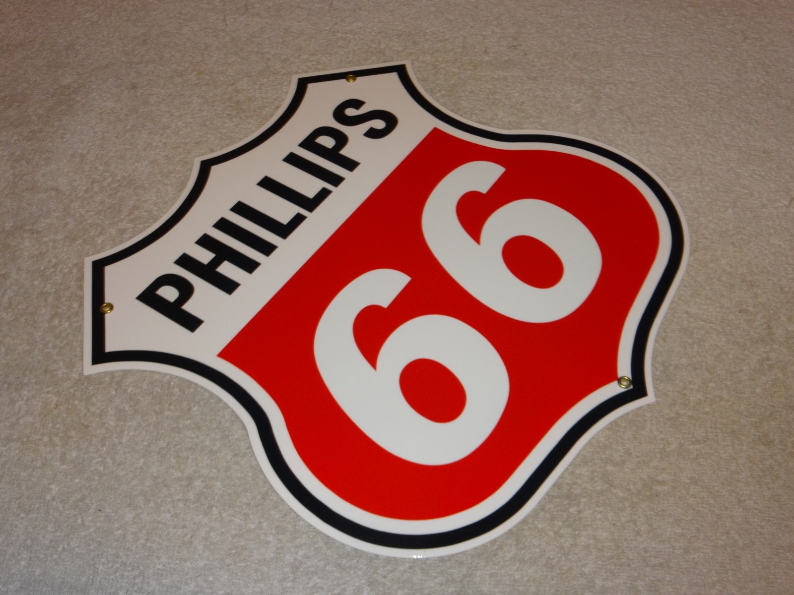 VINTAGE PHILLIPS 66 RED BLACK WHITE 12″ PORCELAIN METAL SHIELD GASOLINE OIL SIGN