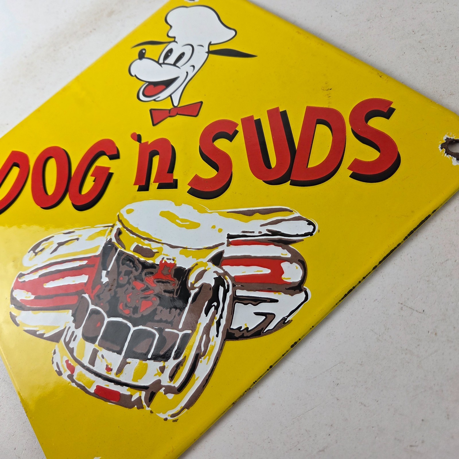 Vintage Dog n Suds Sign – Root Beer Gas Service Station Fast Food Porcelain Sign