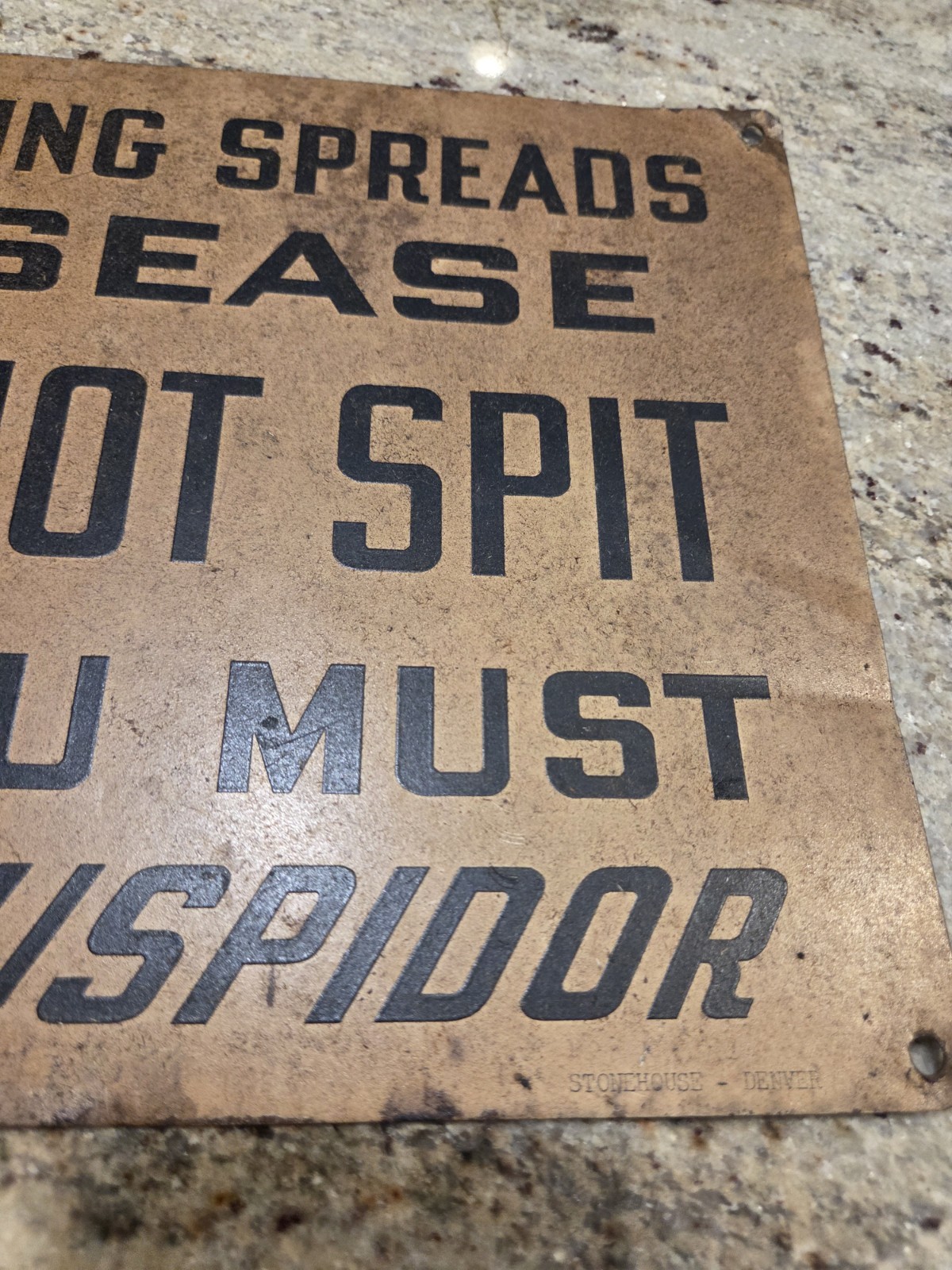 RARE VINTAGE SIGN NO SPITTING SPREADS DISEASE USE CUSPIDOR METAL INDUSTRIAL
