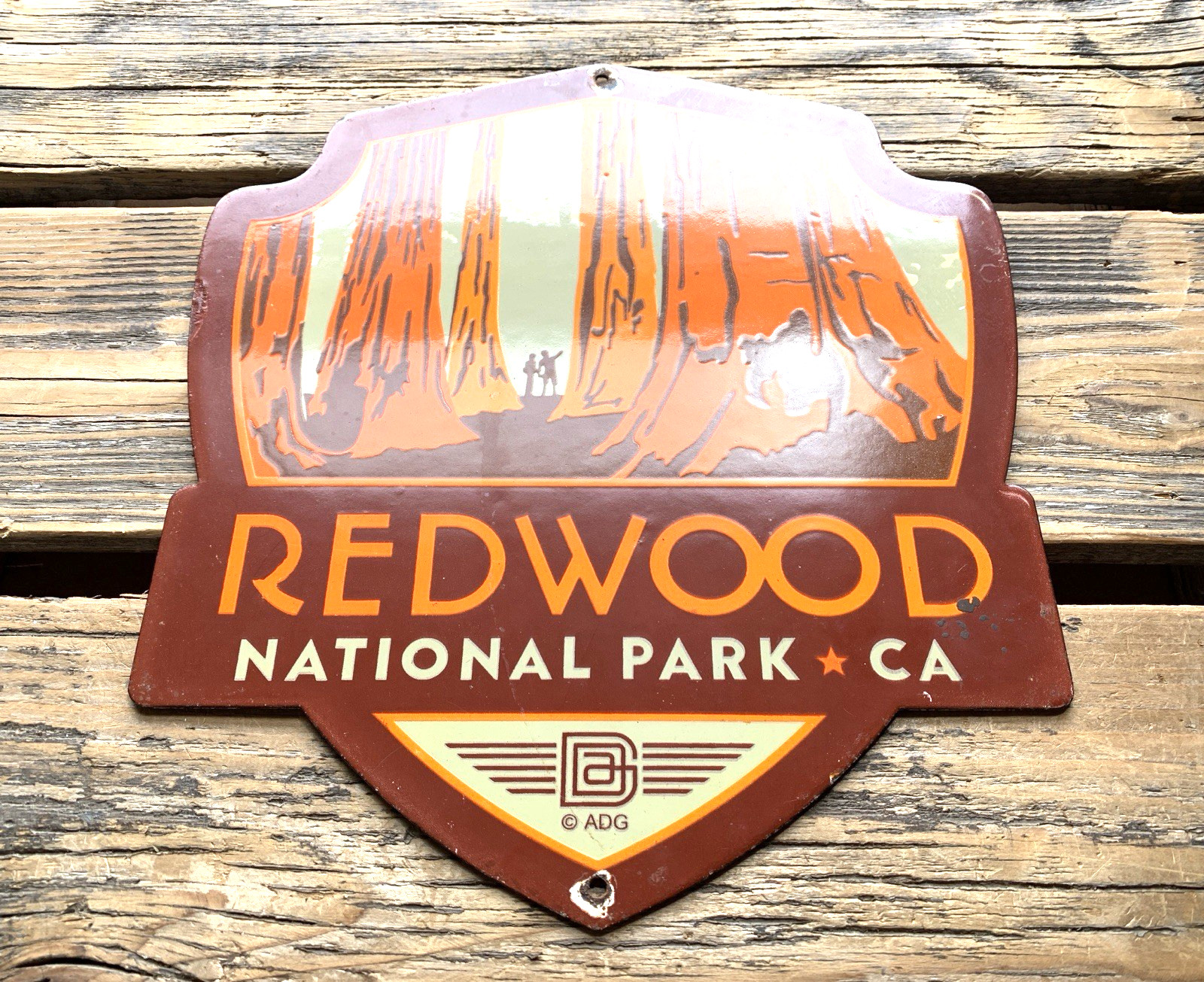 VINTAGE 12×11″ REDWOOD NATIONAL PARK CA PORCELAIN GASOLINE OIL PUMP STATION SIGN