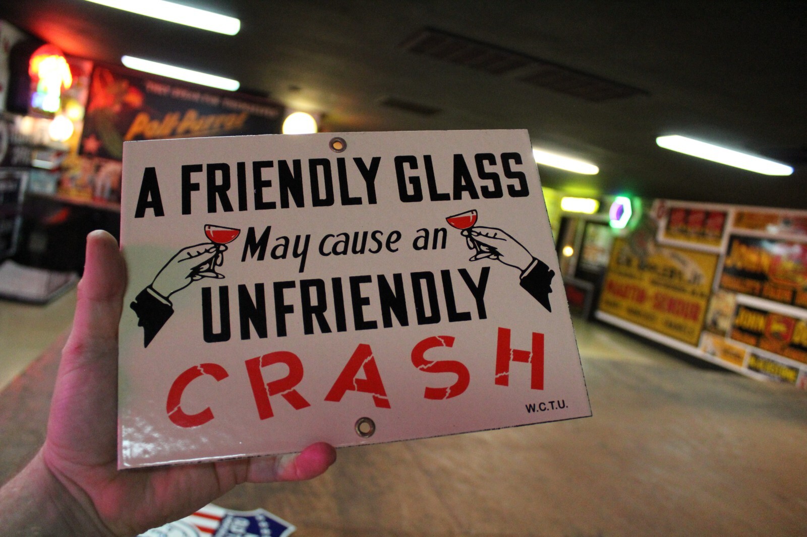 FRIENDLY GASS CAUSE CRASH PORCELAIN METAL SIGN PROHIBTION ERA BAR BREW GAS OIL