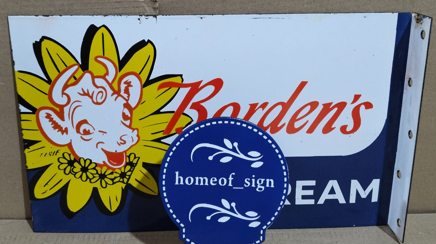 Borden’s Ice Cream Porcelain Enamel Sign 18 x 10 Inches 2 Sides