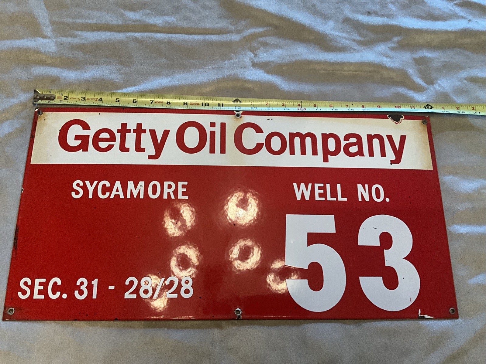 Vintage Porcelain Oil Field Sign-Getty Oil Company “ SYCAMORE” Well No. 53
