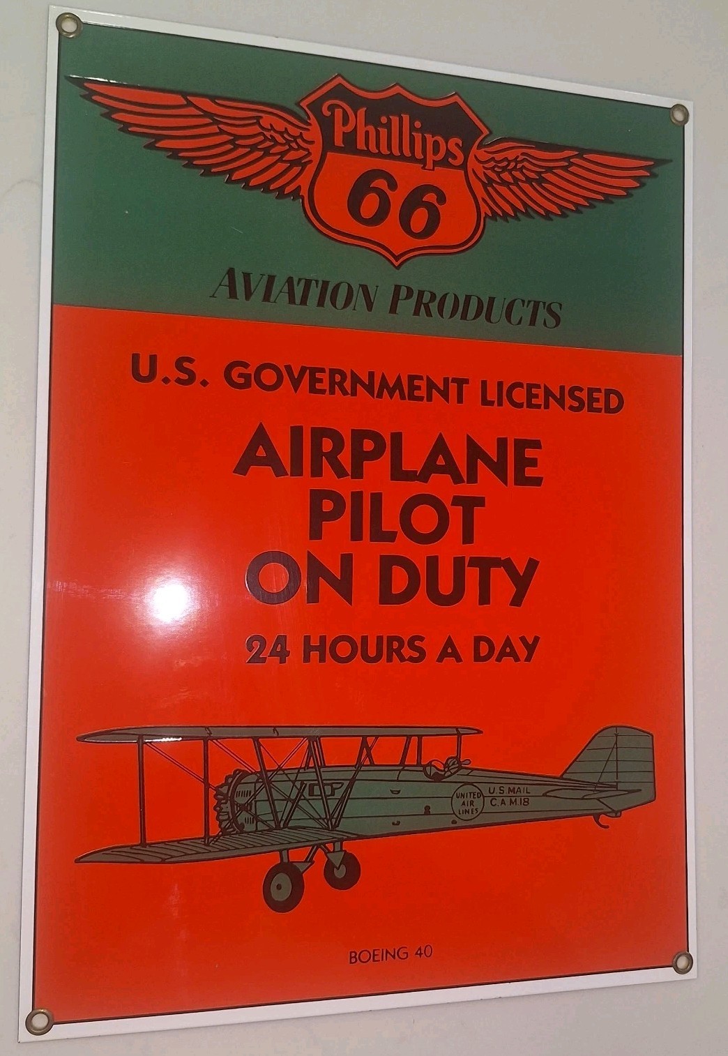 Porcelain Sign Phillips 66 Aviation BOEING 40 Airplane Pilot 13″ x 9″