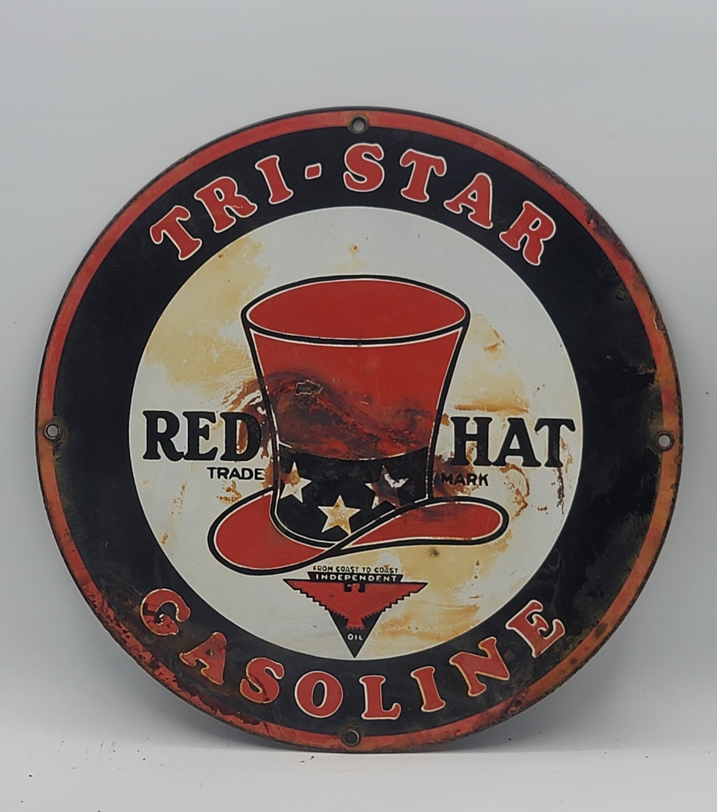 Vintage Red Hat Tri Star Gasoline Distressed Porcelain Enameled Metal Sign