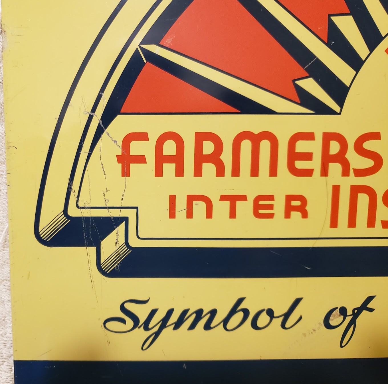 VERY RARE 1940’S FARMERS AUTOMOTIVE INTER INSURANCE EXCHANGE TIN SIGN 20″ X 17″
