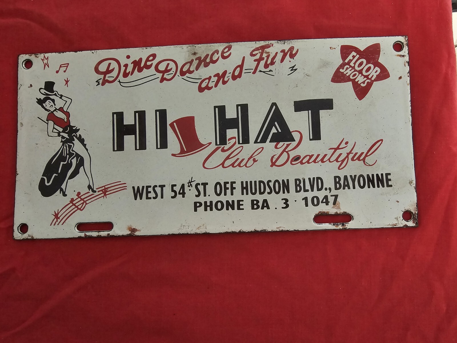 RARE 1950’S PORCELAIN HI HAT CLUB BEAUTIFUL DINE AND DANCE SIGN 10.5″ X 5″