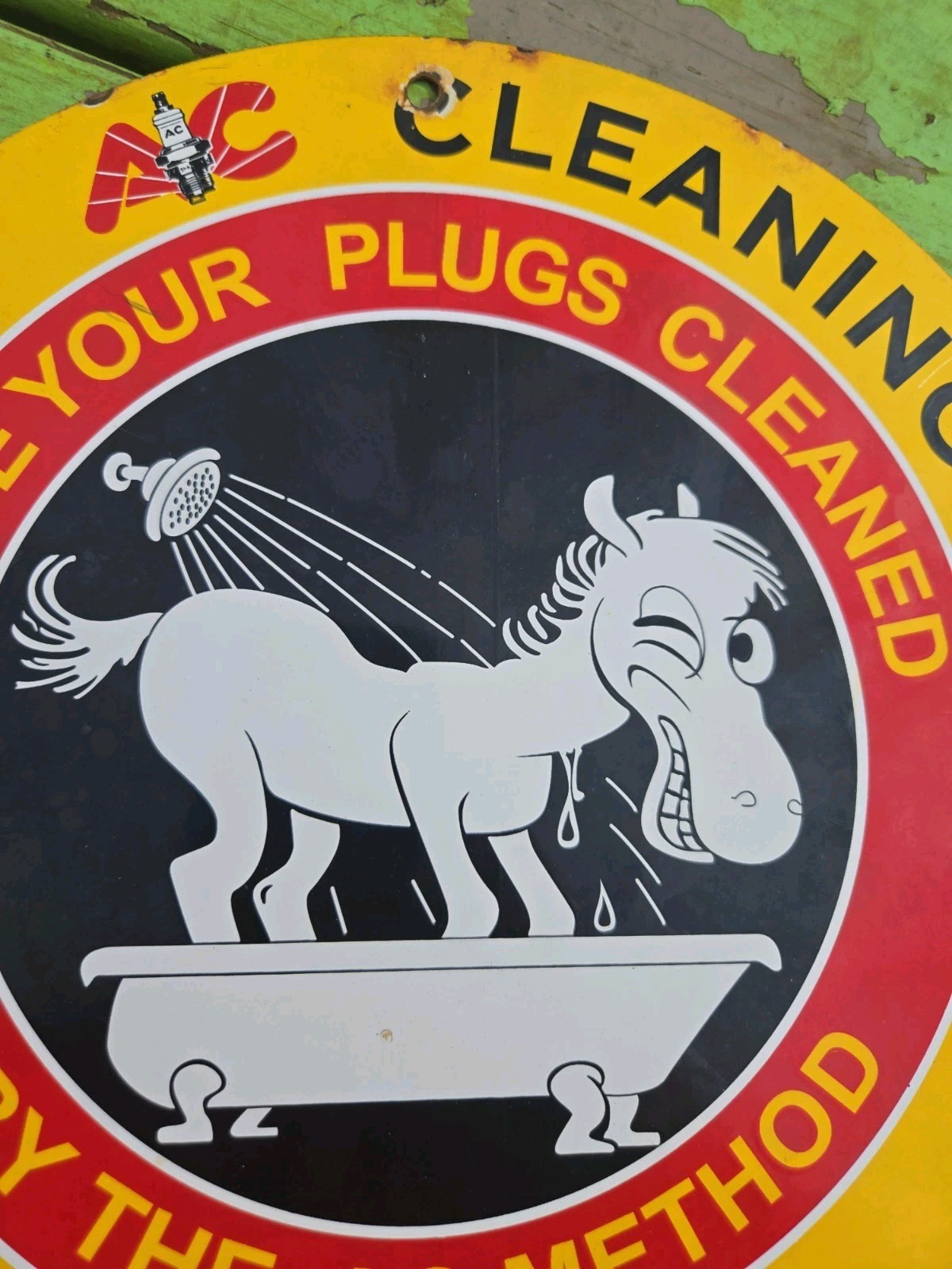 AC Spark Plug Registered Cleaning Station Porcelain Advert. Sign Gas Oil 11 3/4″