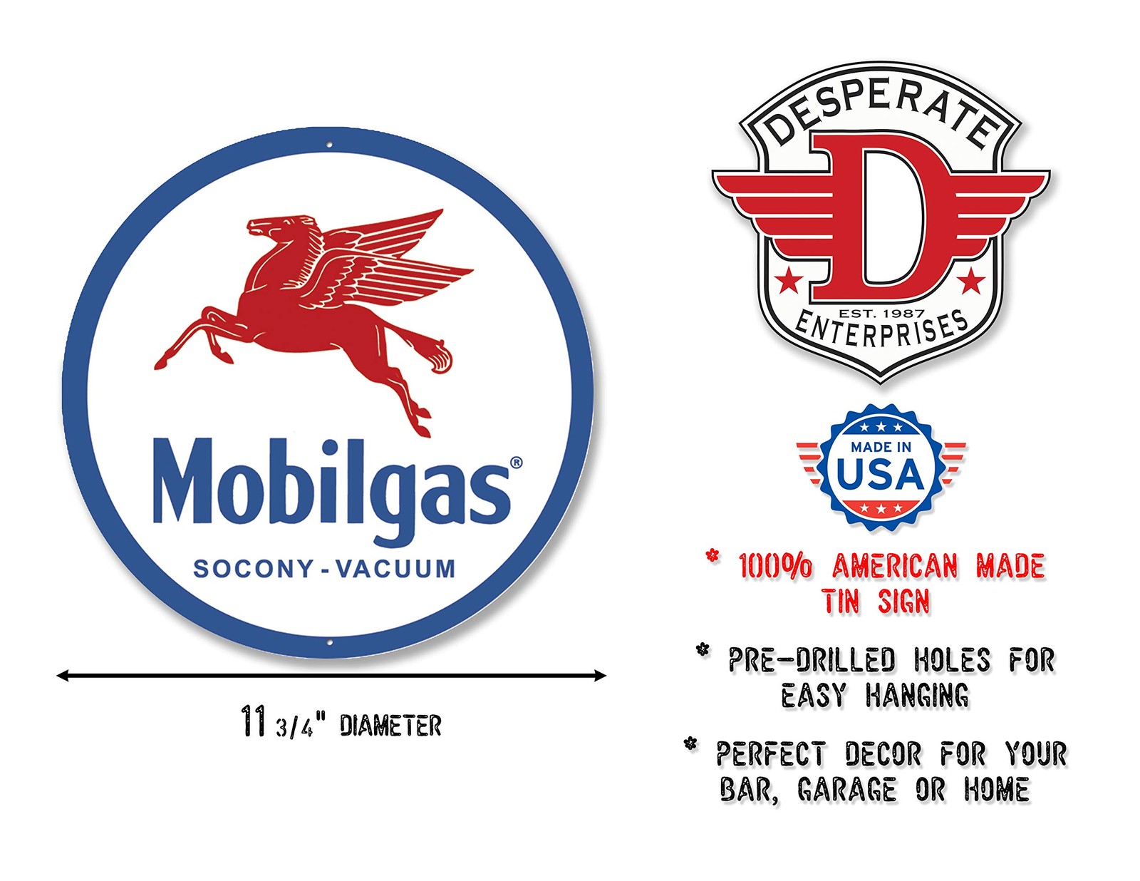 Desperate Enterprises Mobilgas Pegasus Collectible Metal Sign, Round, Blue