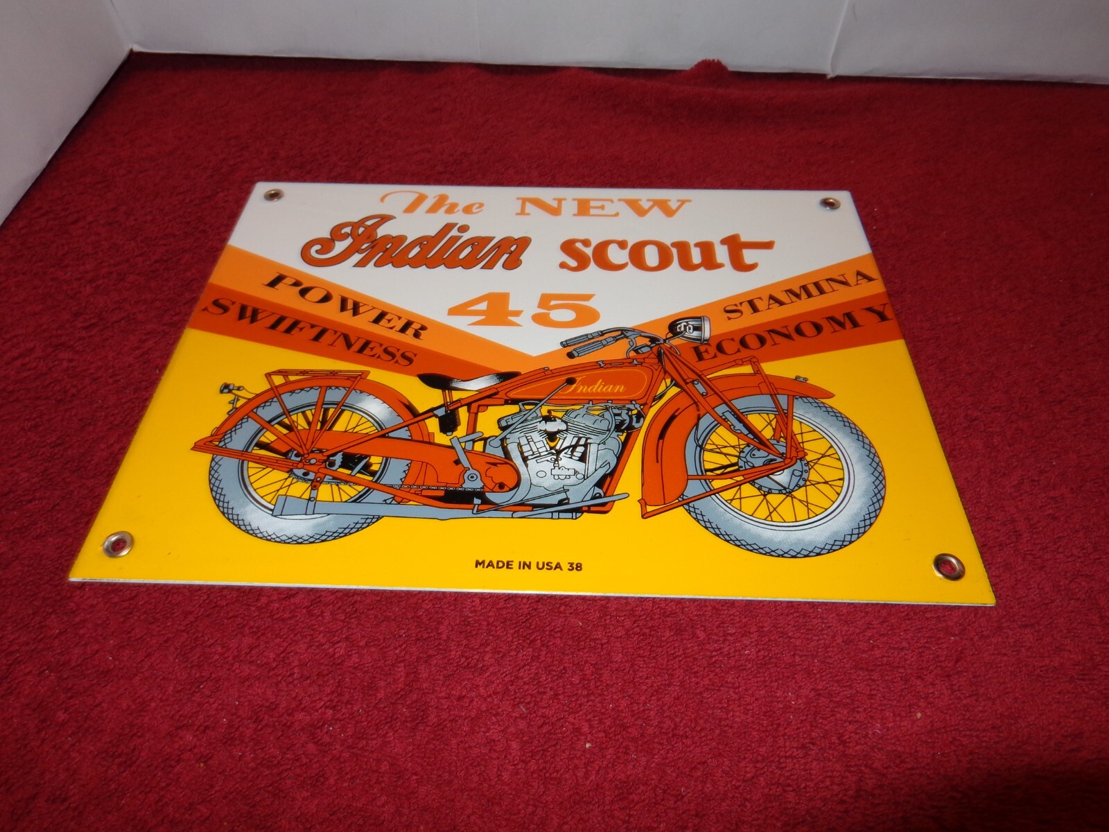 12 x 9 INDIAN SCOUT MOTORCYCLES ADV. SIGN HEAVY DIE CUT METAL PORCELAIN S -243E