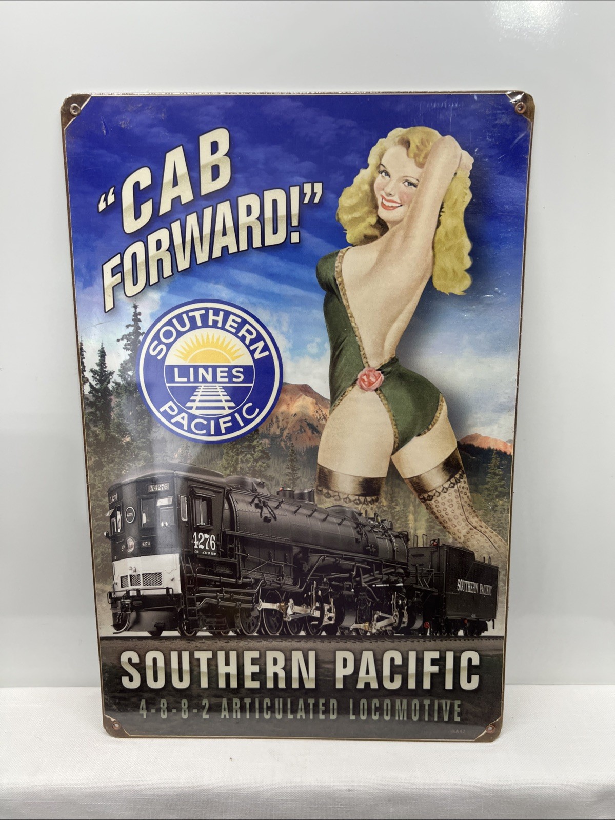 Vintage Southern Pacific Cab Forward Metal Sign Pinup Girl Cute 11.5″ x 17.5″