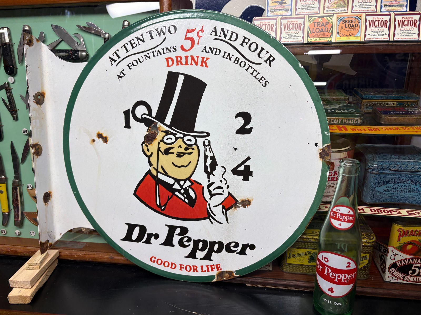 OLD “Dr PEPPER 10-2-4″ LARGE PORCELAIN FLANGE ADVERTISING SIGN, (19″x 18”) NICE