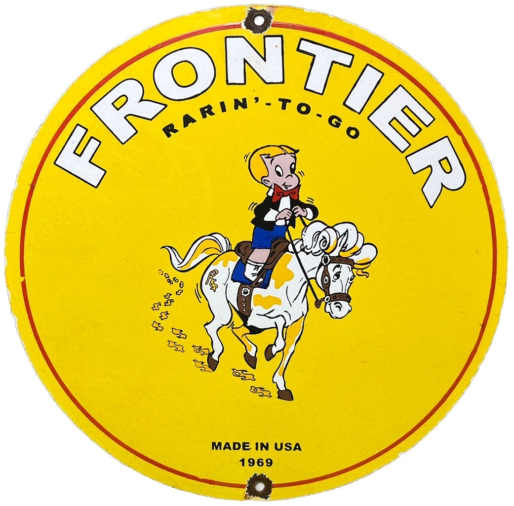 VINTAGE FRONTIER GASOLINE PORCELAIN SIGN GAS STATION MOTOR OIL RARIN’ TO GO!