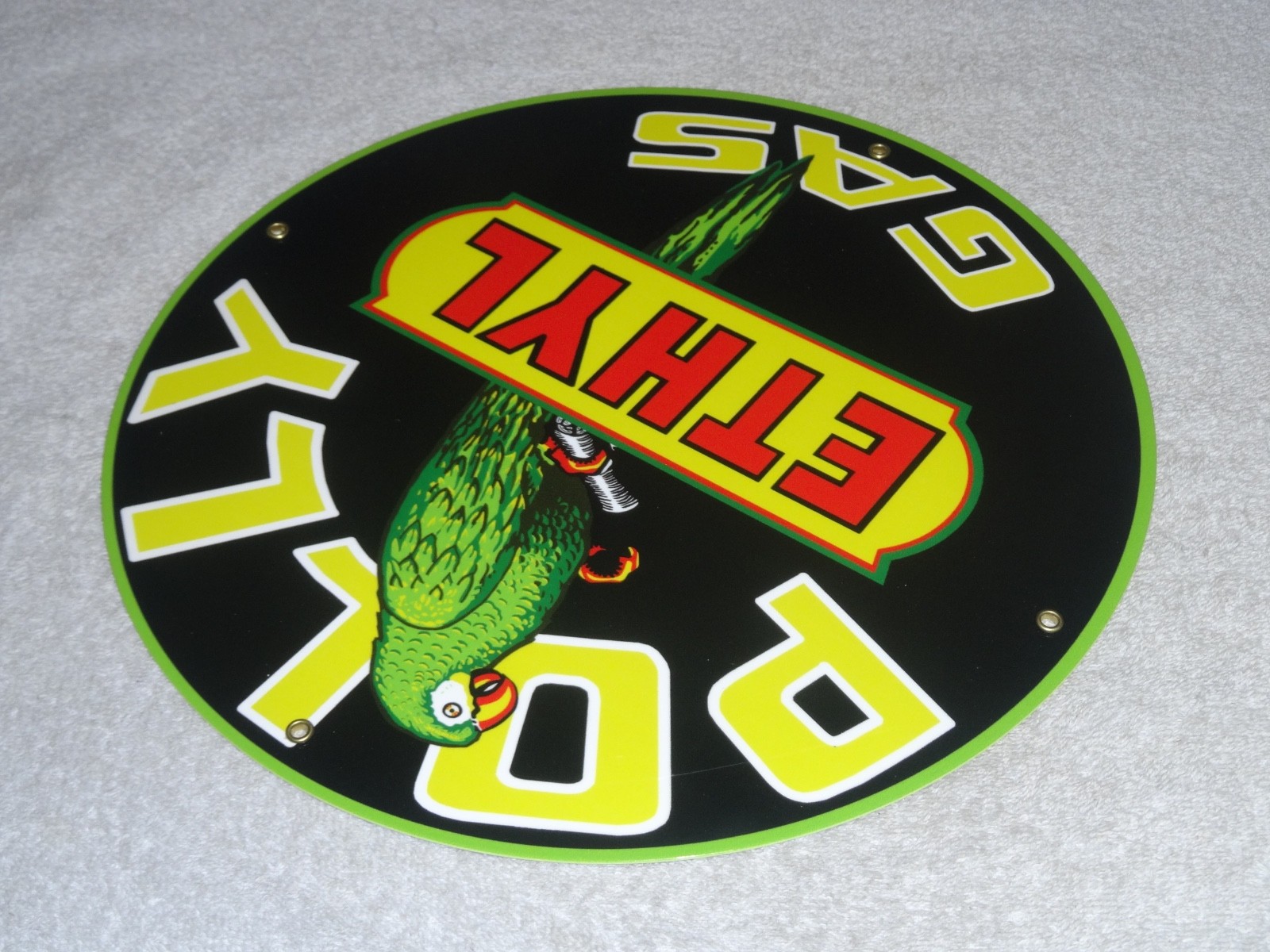 VINTAGE POLLY ETHYL GAS 🦜 PARROT BIRD OIL 11 3/4″ PORCELAIN METAL GASOLINE SIGN