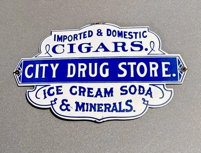 VINTAGE 18” CITY DRUG CIGAR ICE CREAM SODA PORCELAIN SIGN CAR GAS OIL MOTORCYCLE