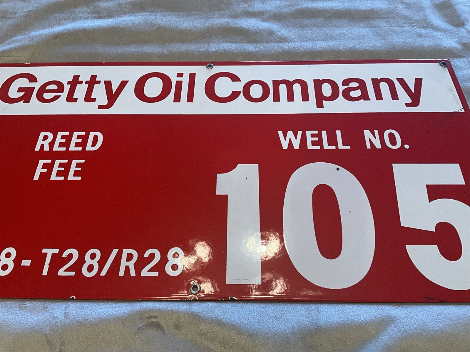 Vintage Porcelain Oil Field Sign-Getty Oil Company “ REED FEE” Well No. 105