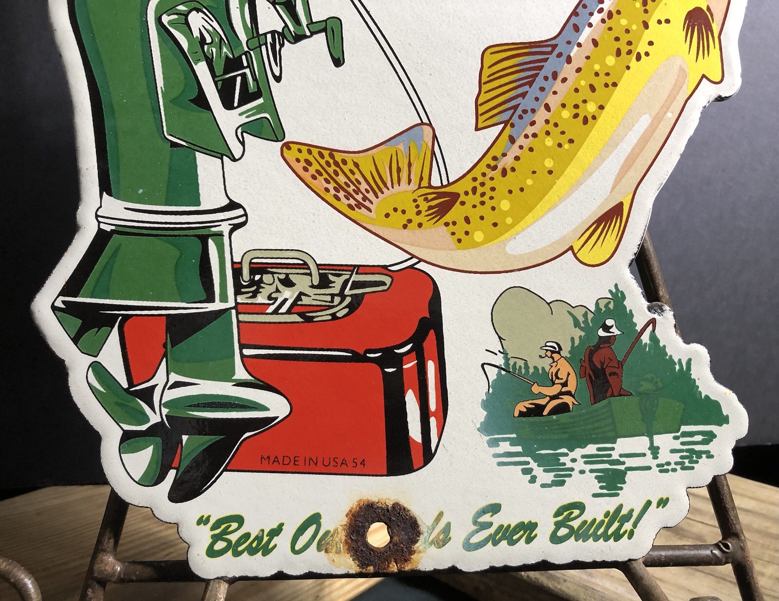 VINTAGE 1954 DATED JOHNSON SEAHORSE BOAT MOTOR 10” PORCELAIN SIGN GAS OIL