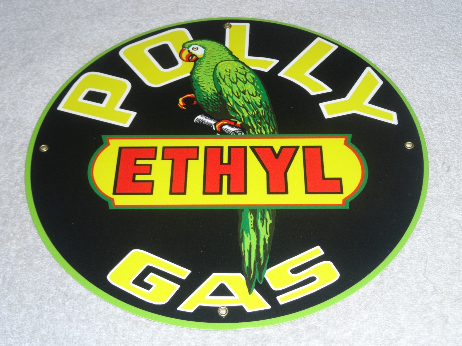 VINTAGE POLLY ETHYL GAS 🦜 PARROT BIRD OIL 11 3/4″ PORCELAIN METAL GASOLINE SIGN