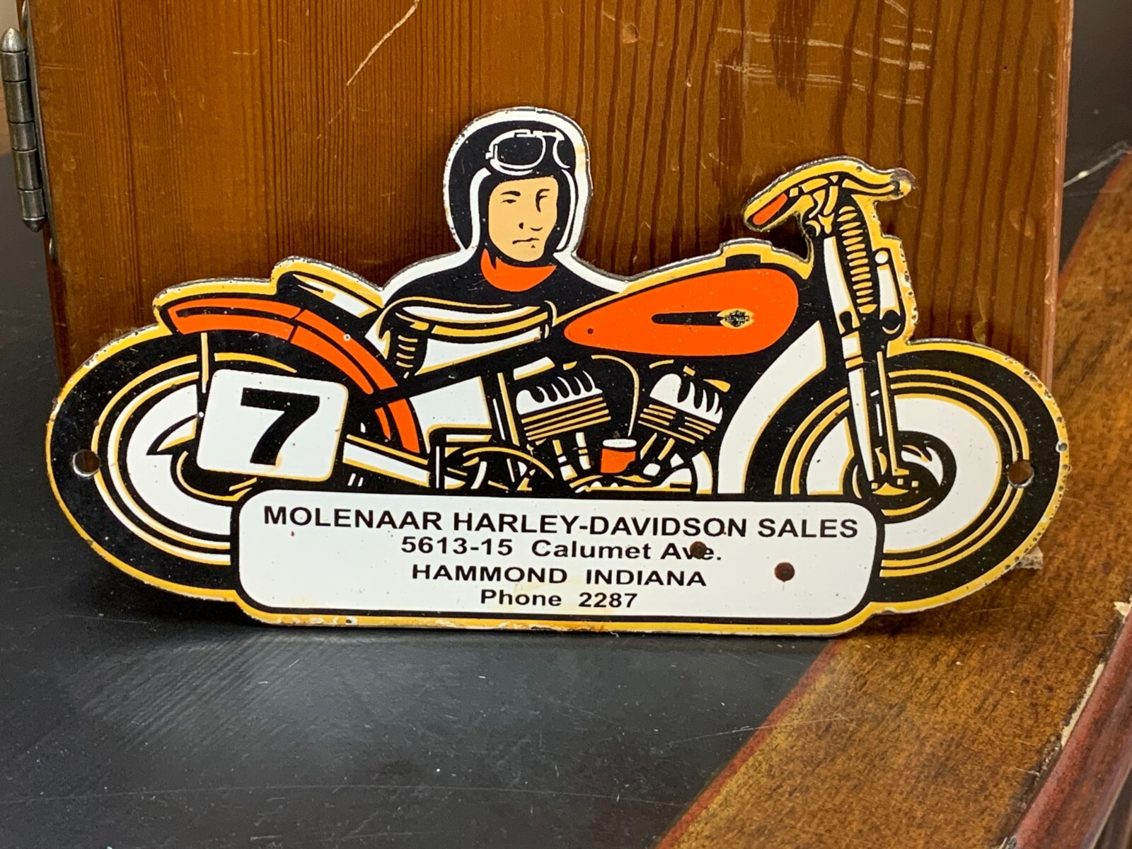 “MOLENARR HARLEY-DAVIDSON SALES” PORCELAIN SIGN, (9″x 5″) GOOD COND, GREAT SIGN