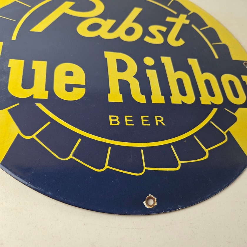 Vintage Pabst Blue Ribbon Sign – Alcohol Beer Brewing Gas Pump Porcelain Sign