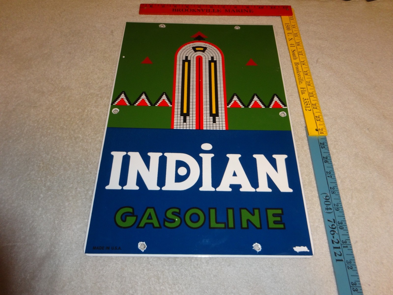VINTAGE INDIAN GASOLINE 18″ PORCELAIN METAL MOTORCYCLE GAS & OIL PUMP PLATE SIGN