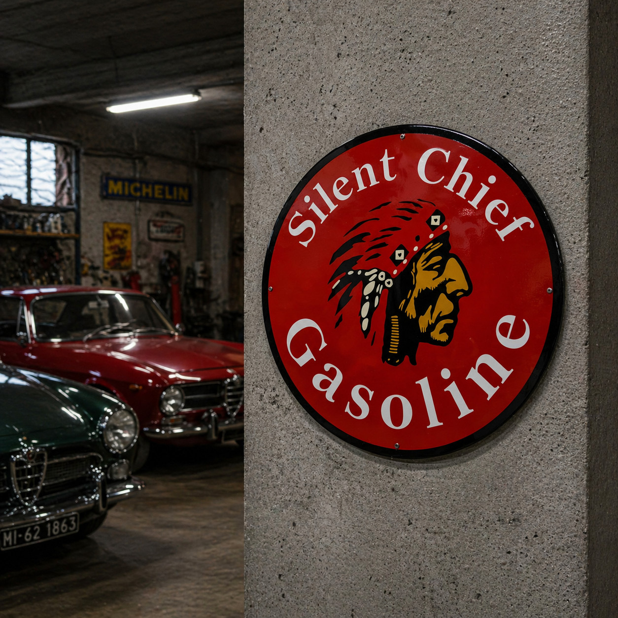 Silent Chief Gasoline Sign – Heavy Metal Garage Decor – 50 cm (19.7”)