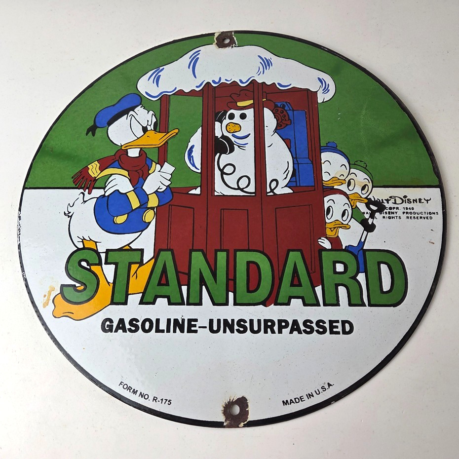 Vintage Standard Gasoline Sign – Porcelain Walt Disney Gas Oil Pump Plate Sign