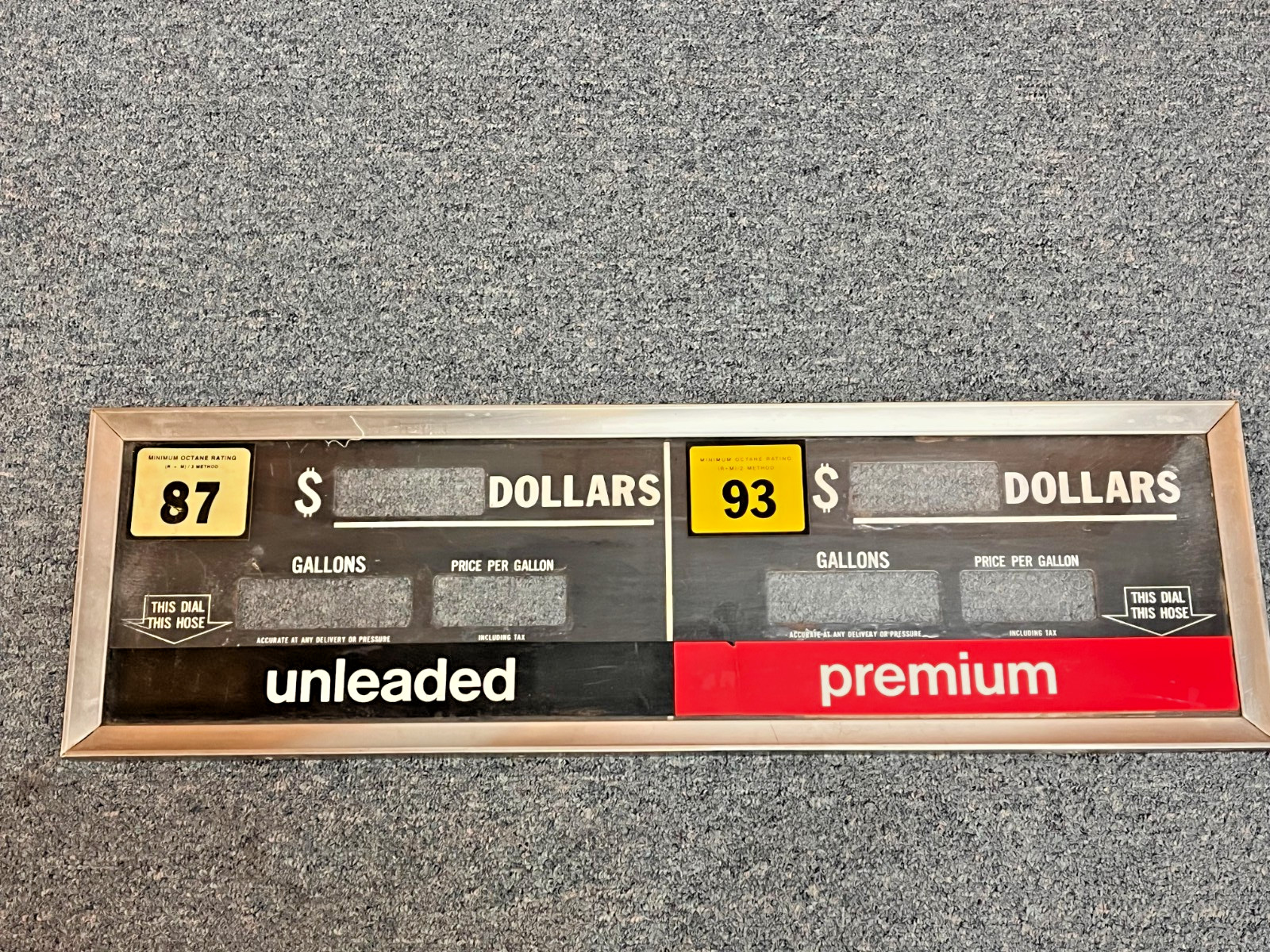 vintage Unleaded & Premium Front Price Gas Pump Faceplate w Metal Frame 28″x8.5″