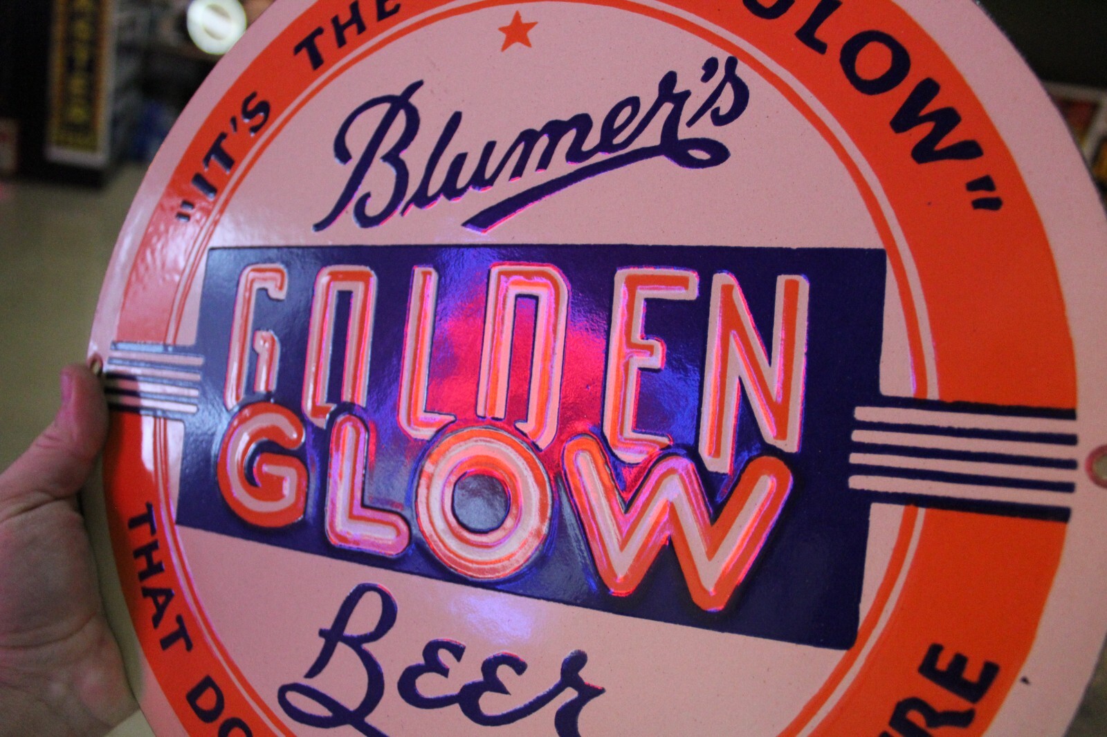 RARE BLUMER’S GOLDEN GLOW MONROE WISCONSIN BEER DEALER PORCELAIN METAL SIGN