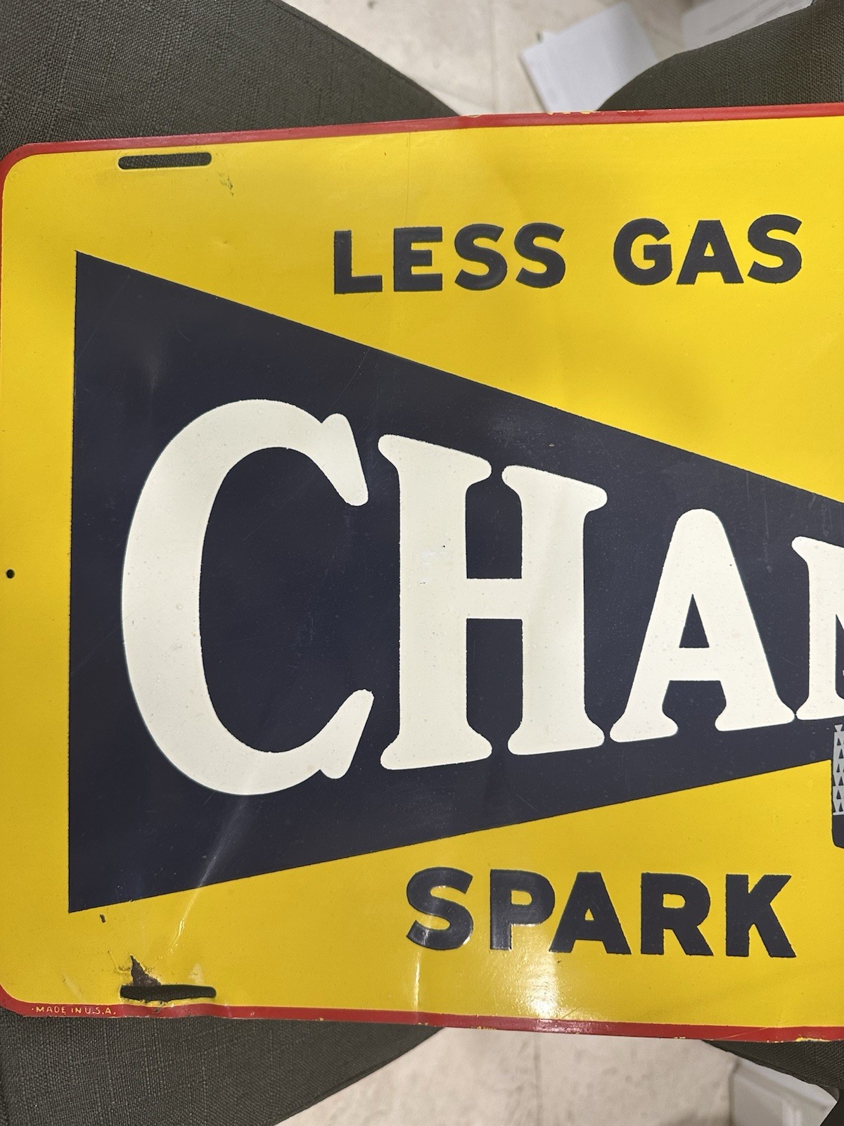 Vintage CHAMPION SPARK PLUG Painted Metal Tin Sign Original Less Gas! More Pep!!