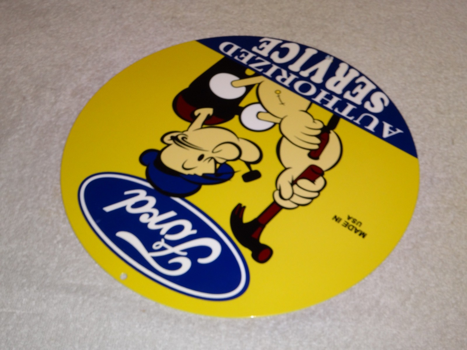 VINTAGE FORD SERVICE W/ POPEYE THE SAILOR MAN 12″ ENAMEL METAL GASOLINE OIL SIGN