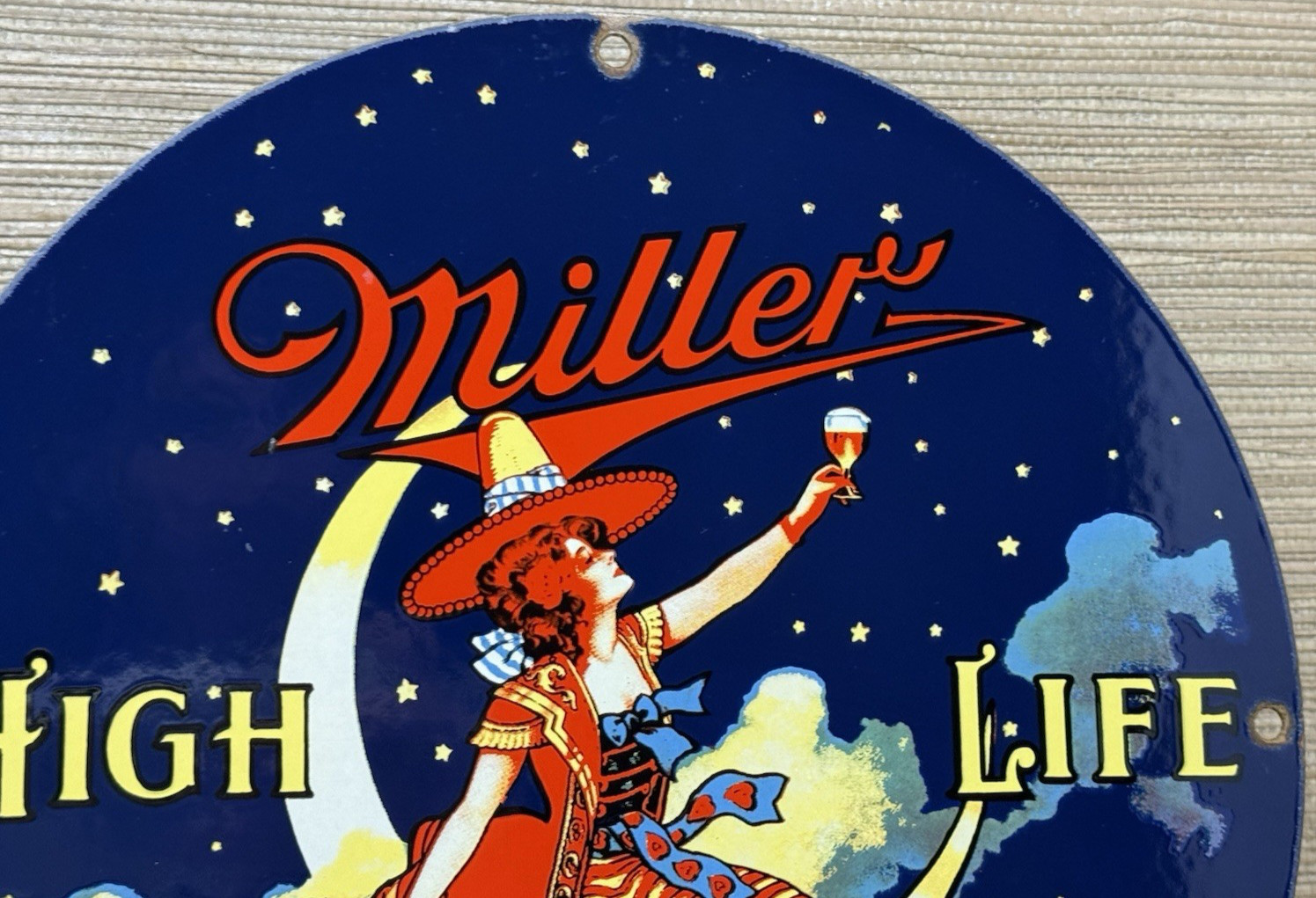VINTAGE MILLR HIGH LIFE BEER PORCELAIN SIGN GAS STATION OIL LIQUOR STORE BOTTLE