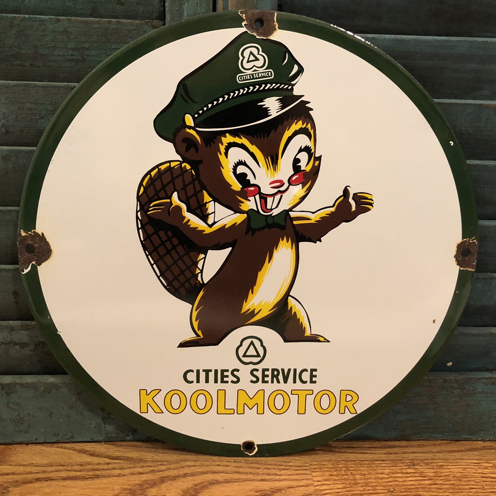 VINTAGE CITIES SERVICE KOOLMOTOR SQUIRREL GASOLINE MOTOR OIL PORCELAIN GAS SIGN