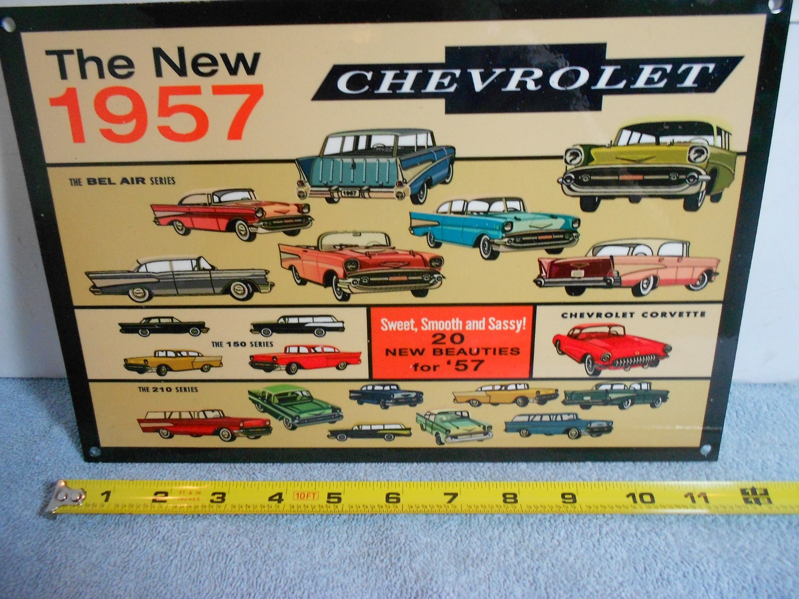 VINTAGE CHEVROLET “NEW BEAUTIFUL 1957 CHEVY’S 12” GAS OIL ADVERTISING SIGN METAL
