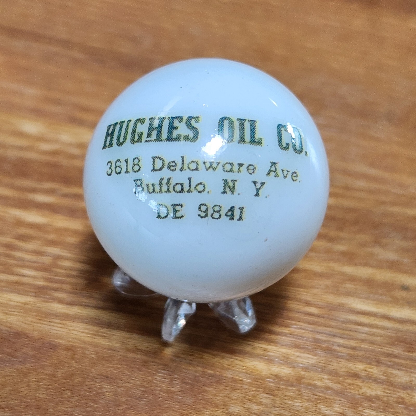 HUGHES OIL COMPANY 1″ SHOOTER MARBLE STAND PETROLEUM GAS ADVERTISING BUFFALO NY