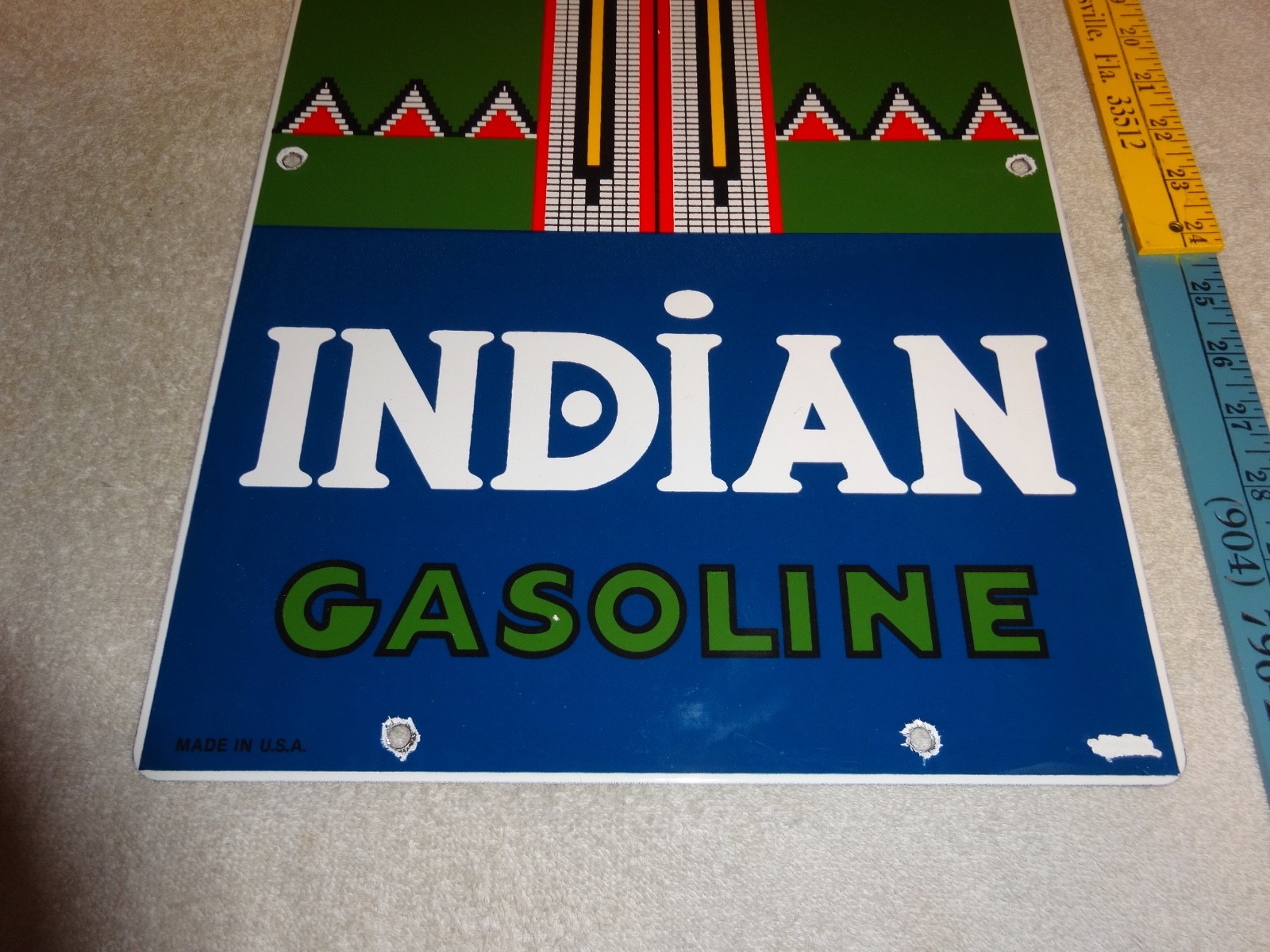 VINTAGE INDIAN GASOLINE 18″ PORCELAIN METAL MOTORCYCLE GAS & OIL PUMP PLATE SIGN