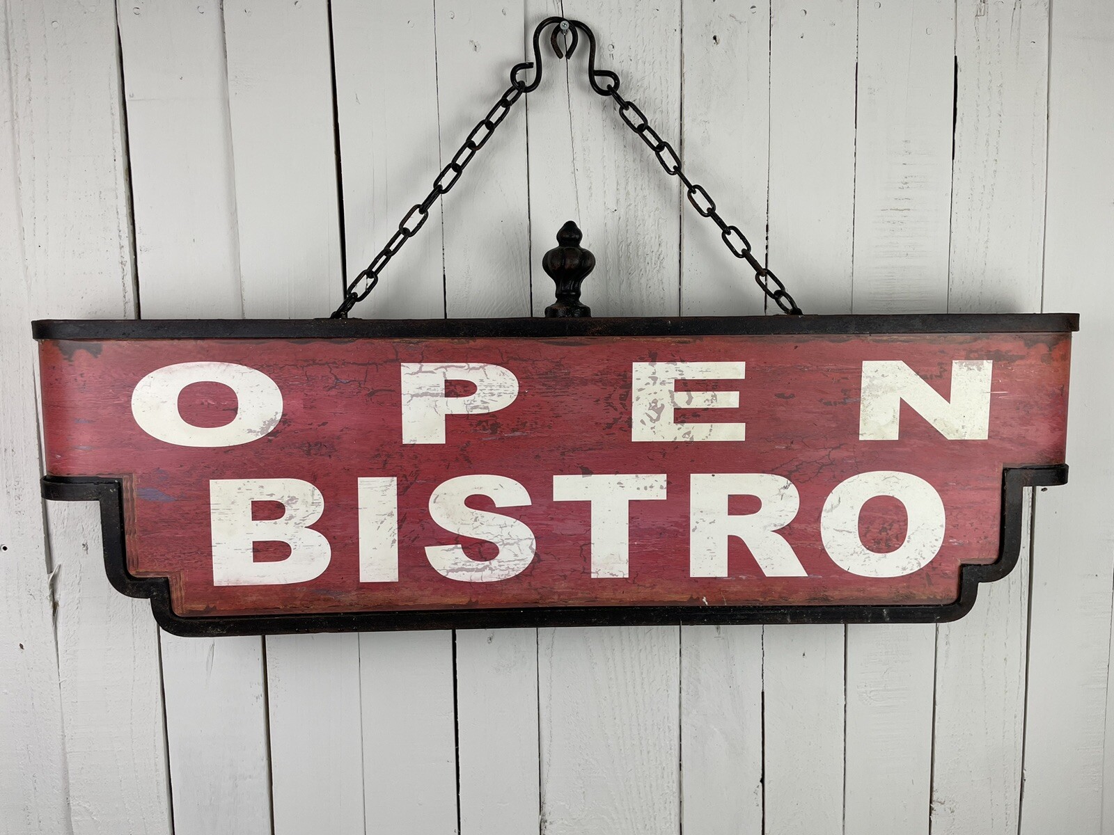 DOUBLE SIDED METAL BISTRO SIGN LARGE 34″ RETRO REPRO RED BLACK WHITE AGED BEAUTI