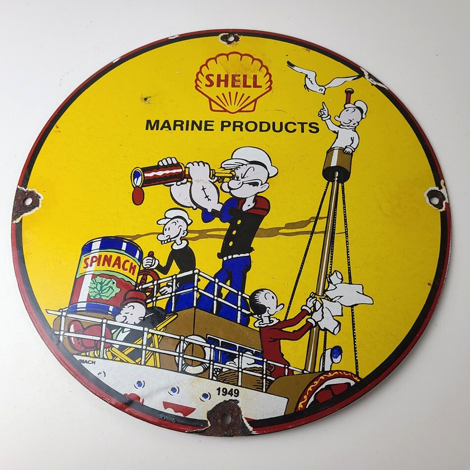 Vintage Shell Gasoline Sign – Use Coupon Code on Porcelain Popeye Gas Sign