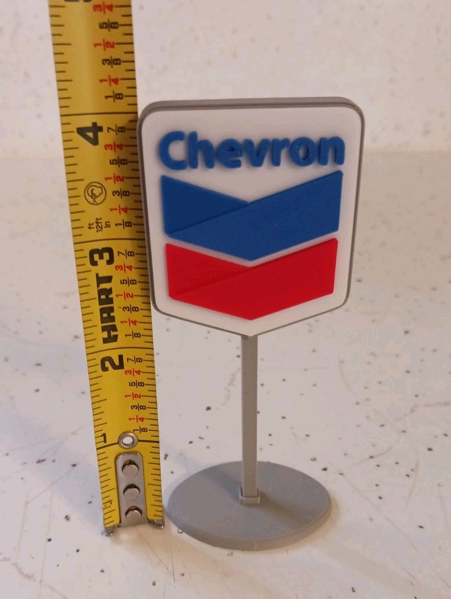 Chevron Gas Station Miniature Diorama Display Sign- H.O. Scale- 4″ Tall.