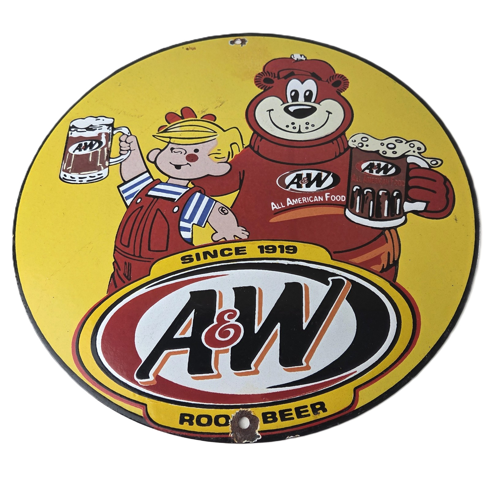Vintage Root Beer Sign – A&W Soda Dennis Menace Bear Advertising Porcelain Sign